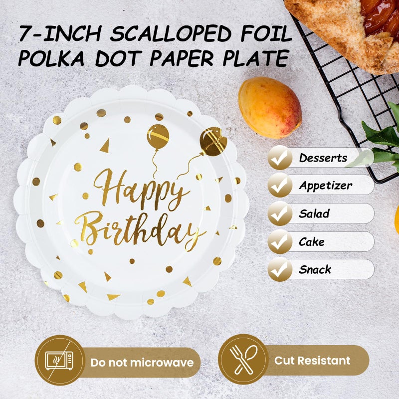 HFBOBP 50PCS Happy Birthday Paper Plates and Napkins - 7 Inch Birthday Cake Plates Scalloped White and Gold Dessert Plates and 6.5 Inch Napkins Disposable Tableware Set, Serves 25 - Image 4