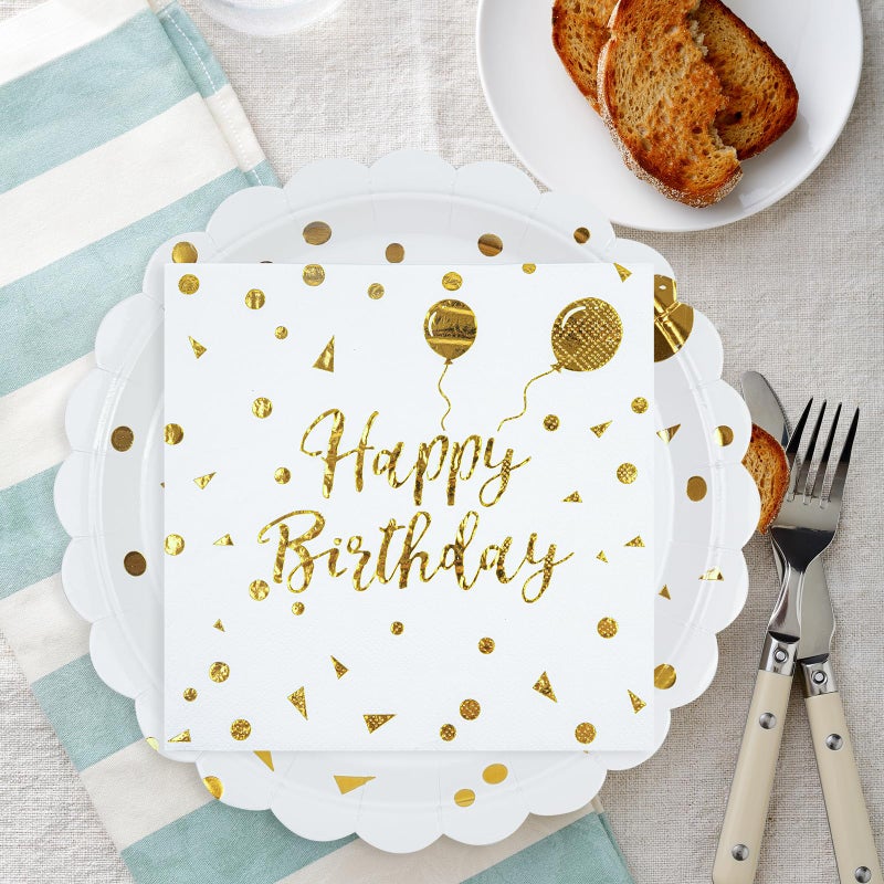 HFBOBP 50PCS Happy Birthday Paper Plates and Napkins - 7 Inch Birthday Cake Plates Scalloped White and Gold Dessert Plates and 6.5 Inch Napkins Disposable Tableware Set, Serves 25 - Image 2