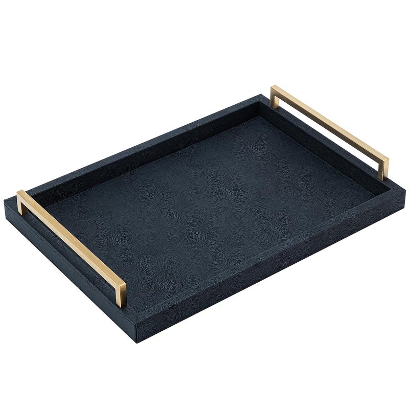 XIGEXIGE Black Faux Leather Serving Tray, 17x12 inches, Brushed Gold Handles, Decorative Tray for Ottoman Coffee Table, Living Room, Kitchen, Bathroom - Image 2