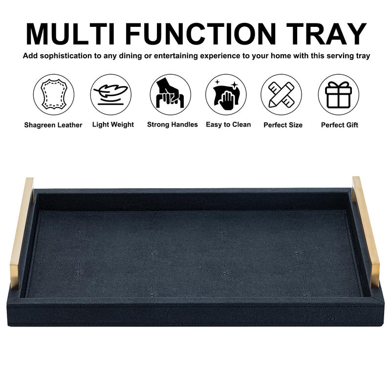 XIGEXIGE Black Faux Leather Serving Tray, 17x12 inches, Brushed Gold Handles, Decorative Tray for Ottoman Coffee Table, Living Room, Kitchen, Bathroom - Image 3