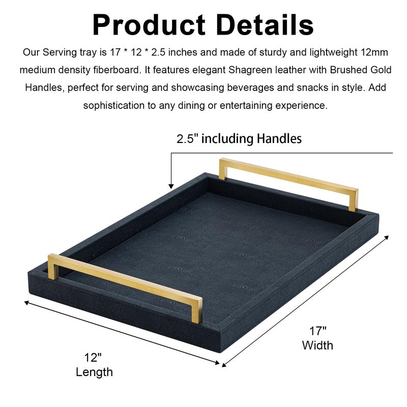 XIGEXIGE Black Faux Leather Serving Tray, 17x12 inches, Brushed Gold Handles, Decorative Tray for Ottoman Coffee Table, Living Room, Kitchen, Bathroom - Image 4