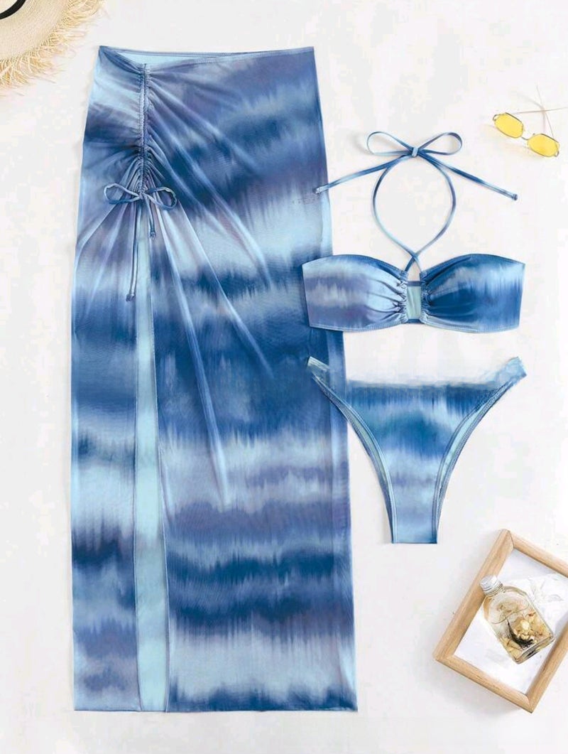 2024 New Bikini Set EU-US Vacation Tie-Dye Print Beachwear peacock blue  - Image 1