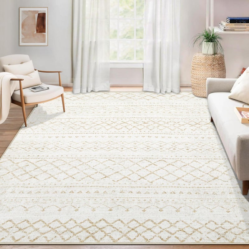 Aoyaomi Area Rug for Living Room 6x9: Large Washable Boho Moroccan Rugs Geometric Neutral Rug, Non-Slip Foldable Morden Farmhouse Indoor Floor Carpet for Bedroom Dining Table Home(Beige,6X9) - Image 1