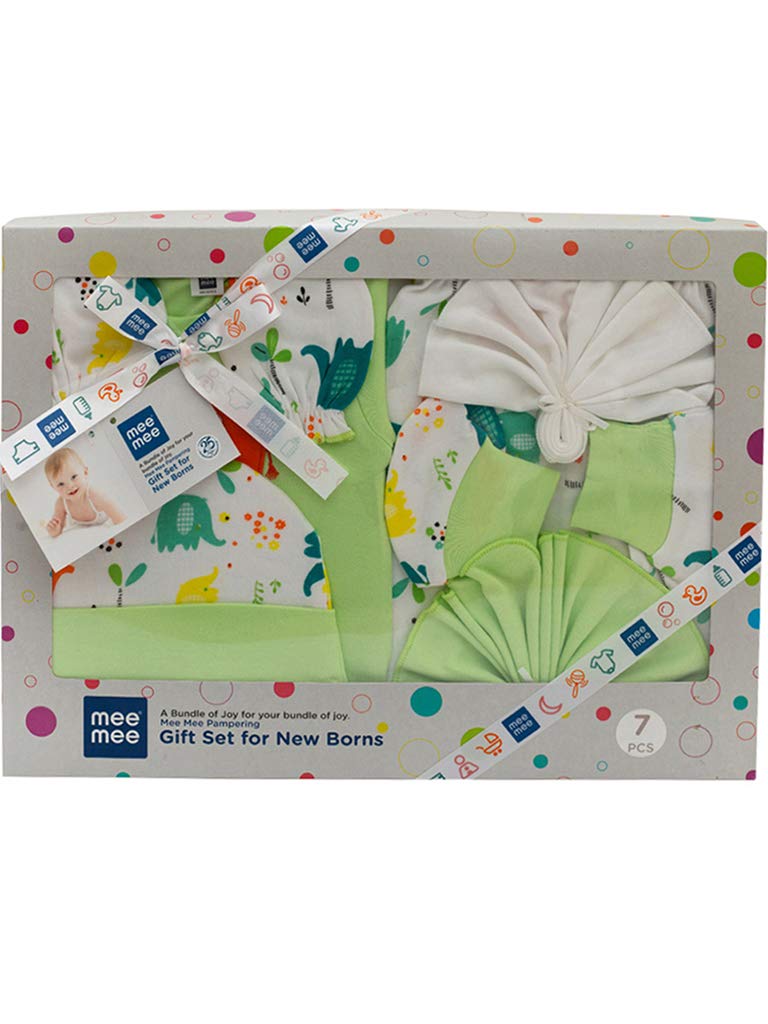Mee Mee New Born Baby Gift Set | Soft Cotton Clothing Essentials for Infants/Baby Girls, Boys | Baby Shower Clothing Hamper (7 Pieces, Green) | Ideal Gift for New Born Baby - Image 1