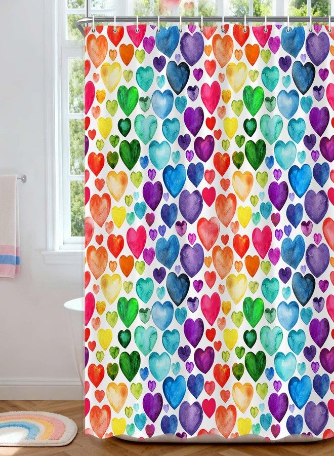 Wathon Colorful Heart Shower Curtain, Rainbow Valentine Romantic Heart Cute Bathroom Decor, Geometric Rainbow Design Cloth Fabric Bathroom Decor Set with Hooks 72 x 72 Inch - Image 1
