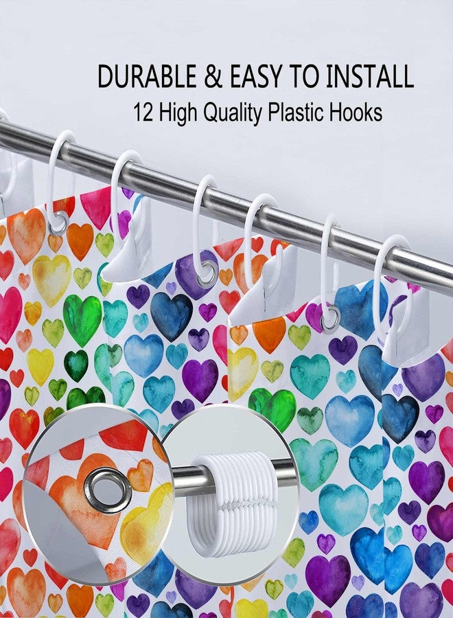 Wathon Colorful Heart Shower Curtain, Rainbow Valentine Romantic Heart Cute Bathroom Decor, Geometric Rainbow Design Cloth Fabric Bathroom Decor Set with Hooks 72 x 72 Inch - Image 3