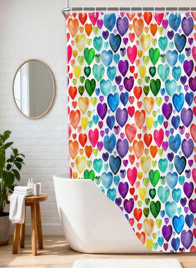 Wathon Colorful Heart Shower Curtain, Rainbow Valentine Romantic Heart Cute Bathroom Decor, Geometric Rainbow Design Cloth Fabric Bathroom Decor Set with Hooks 72 x 72 Inch - Image 2