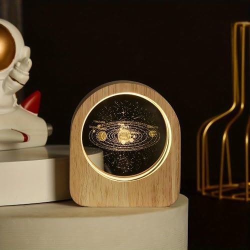 FLYNGO Solar System Crystal Night Light for Bedroom, Creative Engraved Night Lamp for Kids Room, USB Table LED Lamp with Wooden Base, Light for Home Office Decoration Birthday Gift (Solar) - Image 1