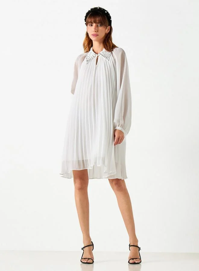 2Xtremz 2Xtremz Pleated Dress with Embellished Collar and Bishop Sleeves