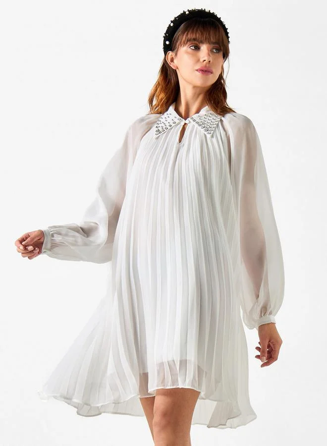 2Xtremz 2Xtremz Pleated Dress with Embellished Collar and Bishop Sleeves