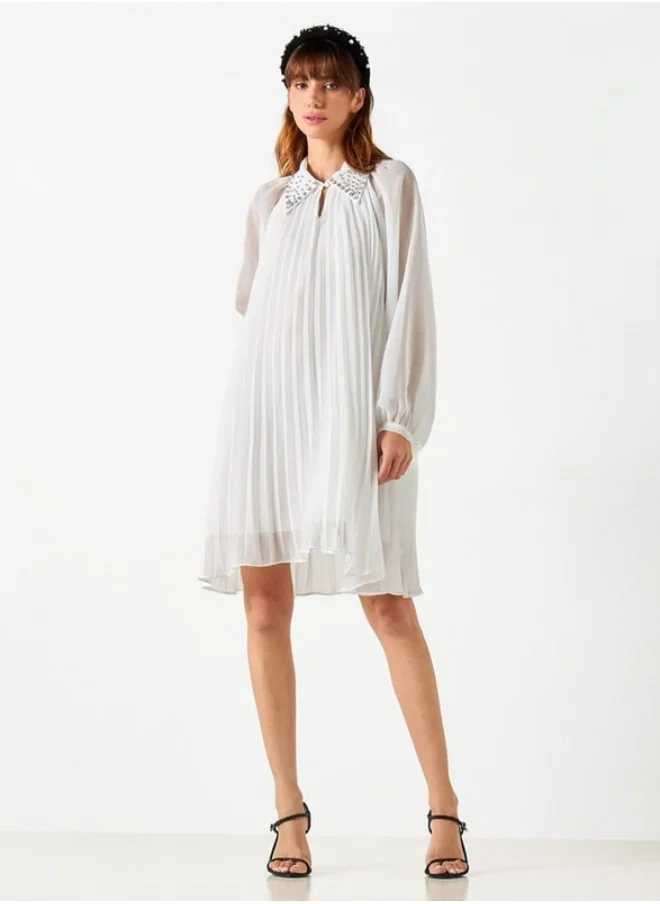 2Xtremz 2Xtremz Pleated Dress with Embellished Collar and Bishop Sleeves
