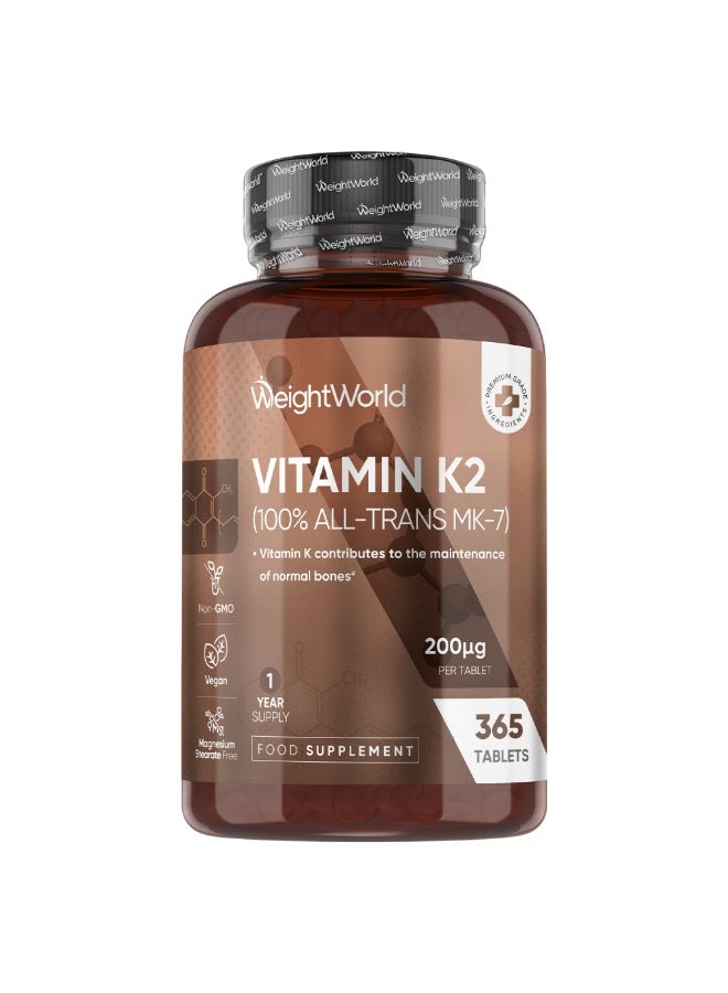 فيتامين ك2 MK7 أقراص 200 ميكروغرام – يدعم تخثر الدم، وصحة العظام والبشرة، 365 قرص، صنع في المملكة المتحدة - Image 1