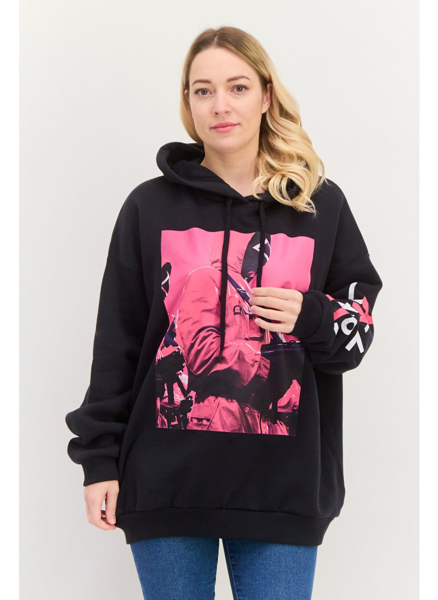 Bershka Women Hooded Long Sleeves Game Squad Sweatshirt, Black  - Image 1