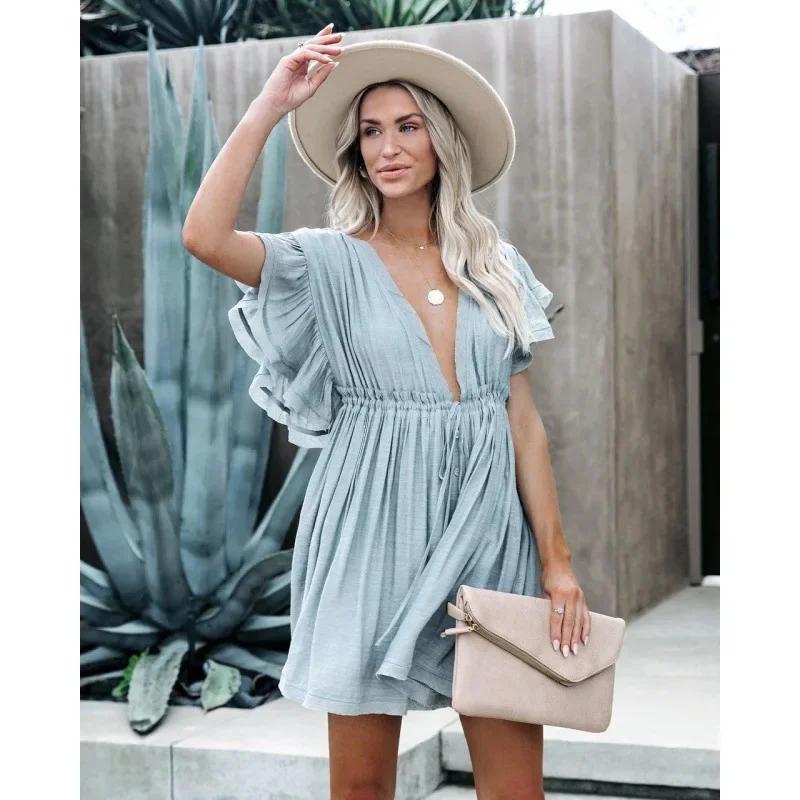 قماش البامبو والقطن الأوروبي والأمريكي الجديد – ثوب تغطية شاطئ بحزام لحماية الشمس، فستان قصير بدون ظهر مثالي كملابس خارجية فوق البالونات النسائية (لون أزرق فاتح، جميع المقاسات) - Image 1