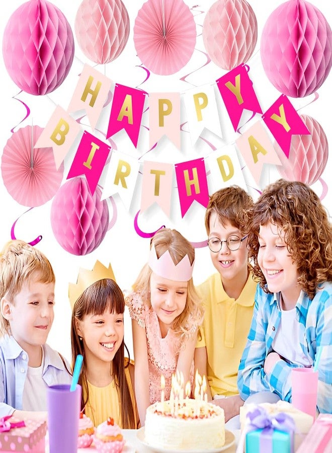 زينة عيد ميلاد باللون الوردي، لافتة عيد ميلاد سعيد مع كرات على شكل خلية نحل، شرائط متدلية حلزونية، مراوح ورقية وردية، زينة حفلات عيد ميلاد للنساء، زينة عيد ميلاد سعيد - Image 4