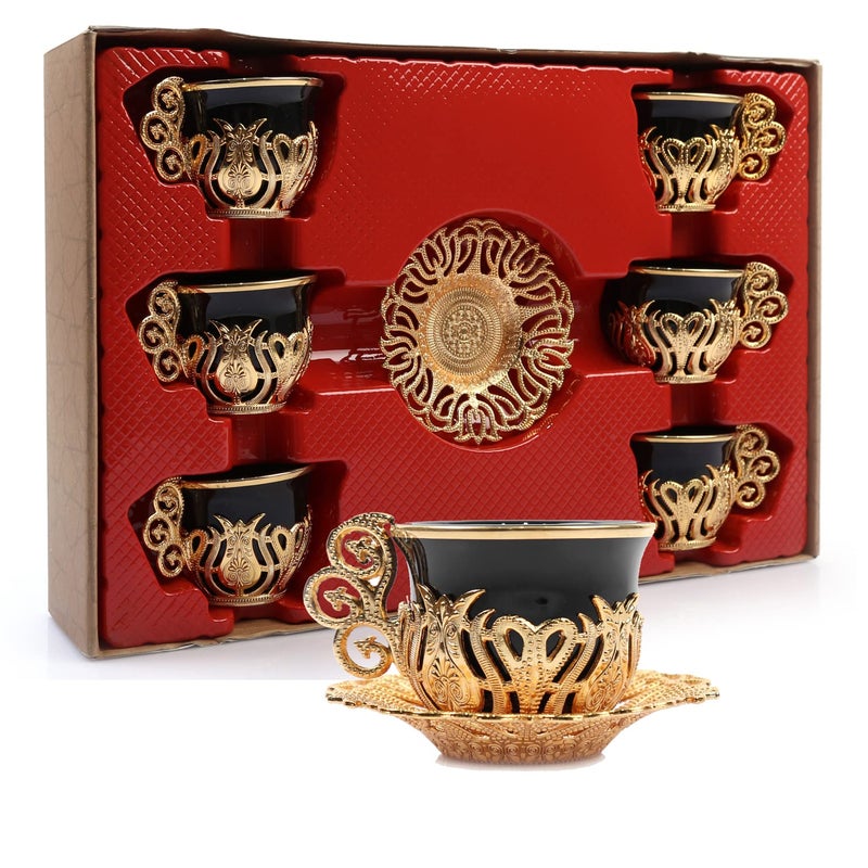 Alisveristime 12 Pc Turkish Greek Arabic Coffee Espresso Cup Saucer Porcelain Set (Black Gold) - Image 1