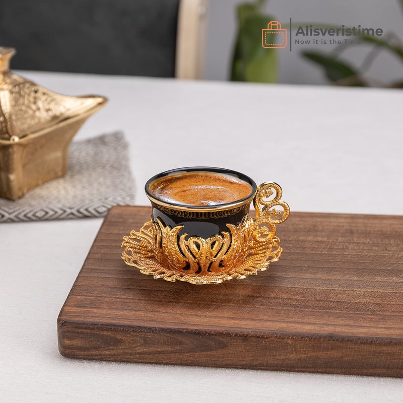 Alisveristime 12 Pc Turkish Greek Arabic Coffee Espresso Cup Saucer Porcelain Set (Black Gold) - Image 2
