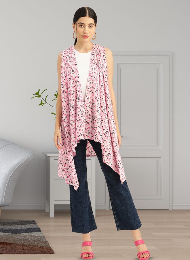 Rue Collection سترة طويلة مفتوحة مزينة بطبعة زهور للنساء - Image 1