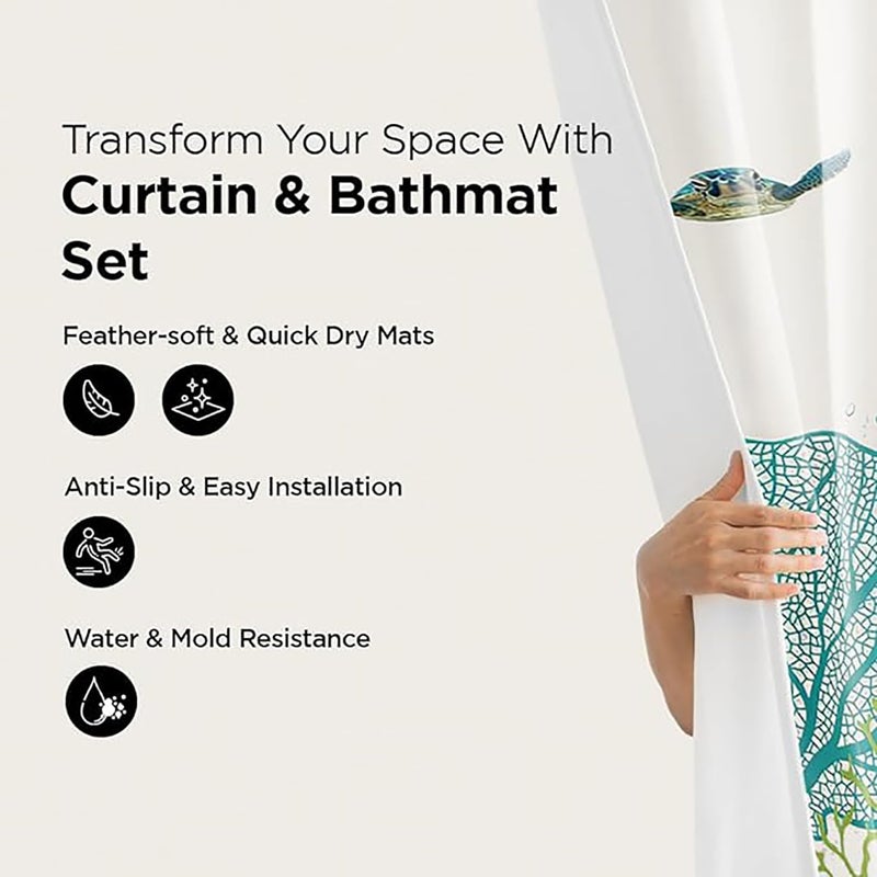 Kuber Industries Shower Curtain & Bathmat Set | Non-Slip Bath mats for Bathroom | Easy-Slide Curtains | Polyester Curtain or Bathmat for Bath Décor | YF330-3T | 3 Pcs Set | Multicolor - Image 2