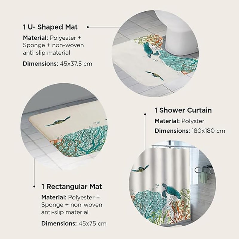 Kuber Industries Shower Curtain & Bathmat Set | Non-Slip Bath mats for Bathroom | Easy-Slide Curtains | Polyester Curtain or Bathmat for Bath Décor | YF330-3T | 3 Pcs Set | Multicolor - Image 3