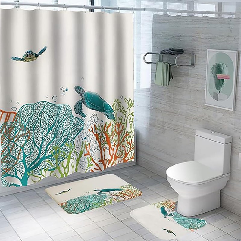 Kuber Industries Shower Curtain & Bathmat Set | Non-Slip Bath mats for Bathroom | Easy-Slide Curtains | Polyester Curtain or Bathmat for Bath Décor | YF330-3T | 3 Pcs Set | Multicolor - Image 1