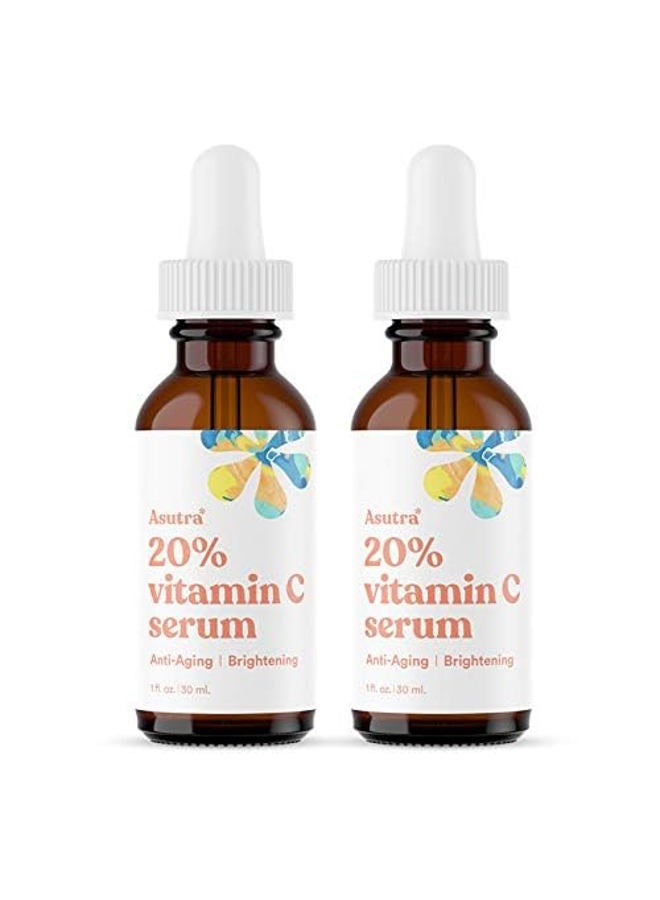 Asutra سيروم فيتامين C بنسبة 20%، 1 أونصة سائلة (عبوة من 2) - حمض الفيروليك وحمض الهيالورونيك، فيتامين E، صبار، جوجوبا، سيروم وجه مضيء - Image 2