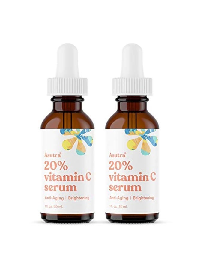 Asutra سيروم فيتامين C بنسبة 20%، 1 أونصة سائلة (عبوة من 2) - حمض الفيروليك وحمض الهيالورونيك، فيتامين E، صبار، جوجوبا، سيروم وجه مضيء - Image 1