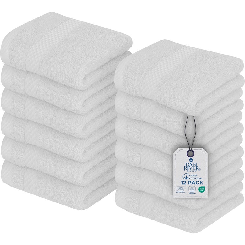 DAN RIVER 12Pack Premium 100 Cotton White Face Towels  Reusable Face Towel Set Soft  Absorbent Wash Cloths for Bathroom  Body  Hand and Face Towels 550 GSM 12x12 in