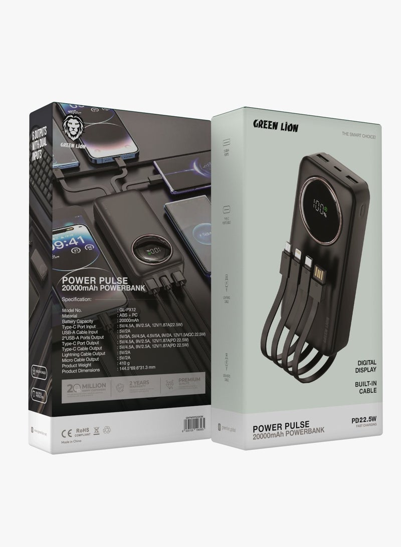 GREEN LION Power Pulse 20000 mAh  Powerbank PD 22.5W /20000mAh Power Bank with Digital Display / Built-in Cable / ABS + PC Material / Multiple Protection / 6 Outputs with Dual Input - Black - Image 3