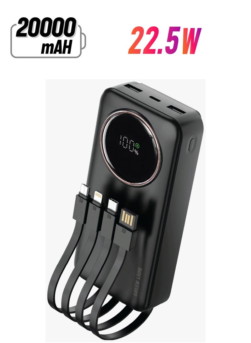 GREEN LION Power Pulse 20000 mAh  Powerbank PD 22.5W /20000mAh Power Bank with Digital Display / Built-in Cable / ABS + PC Material / Multiple Protection / 6 Outputs with Dual Input - Black - Image 1