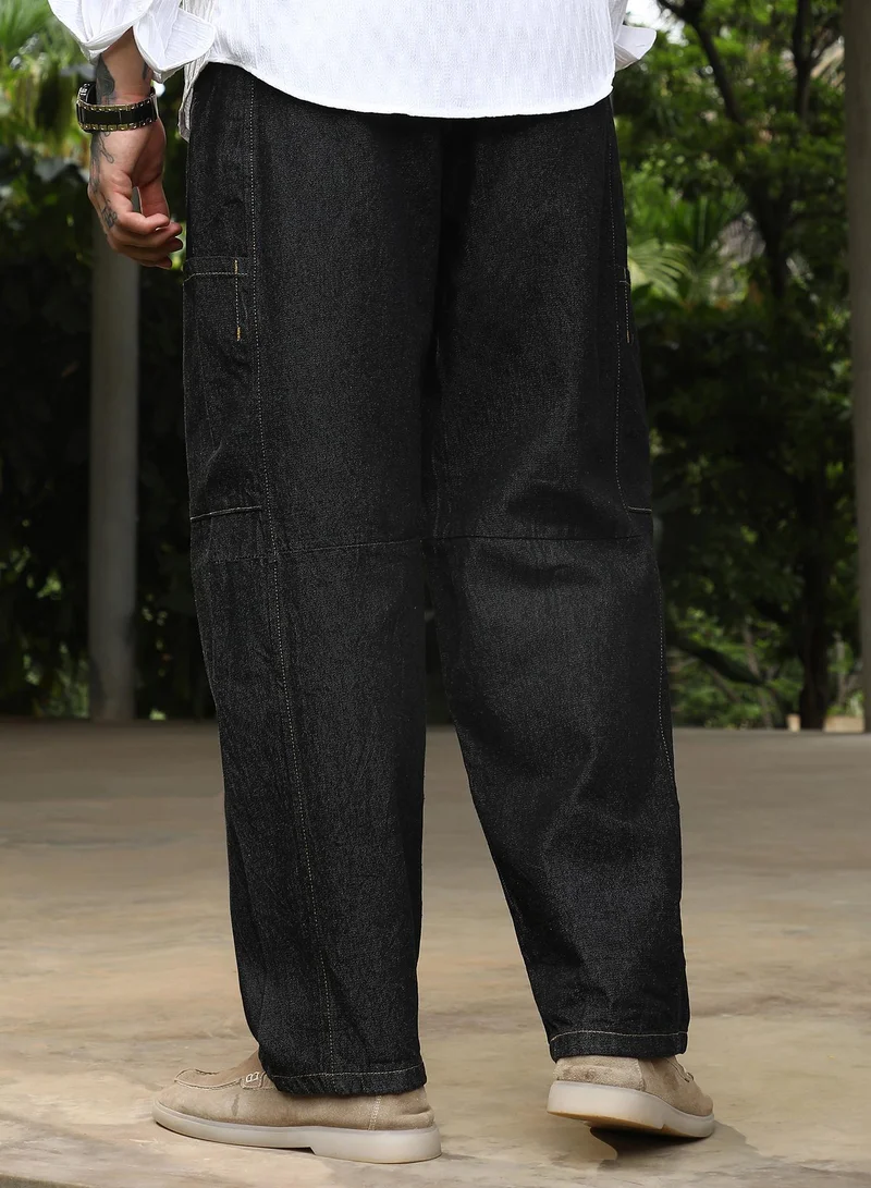 Campus Sutra Charcoal Black Men's Charcoal Black Baggy Cargo Denim Jeans For Casual Wear | Mid-Rise | Relaxed Fit | Button Closure | Denim Jeans Crafted With Comfort Fit For Everyday Wear for Men | Best Price UAE