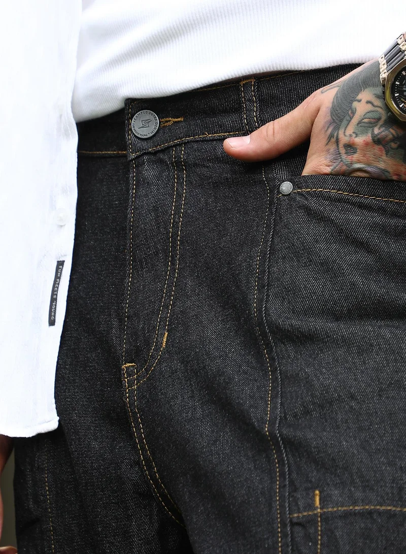 Campus Sutra Charcoal Black Men's Charcoal Black Baggy Cargo Denim Jeans For Casual Wear | Mid-Rise | Relaxed Fit | Button Closure | Denim Jeans Crafted With Comfort Fit For Everyday Wear for Men | Best Price UAE