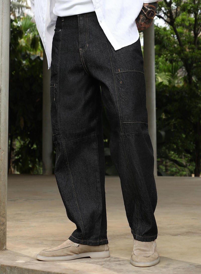 Campus Sutra Men's Charcoal Black Baggy Cargo Denim Jeans For Casual Wear | Mid-Rise | Relaxed Fit | Button Closure | Denim Jeans Crafted With Comfort Fit For Everyday Wear - Image 1