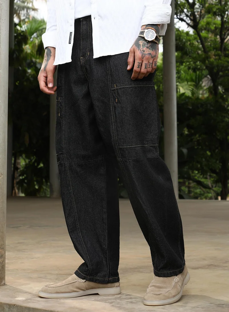 Campus Sutra Charcoal Black Men's Charcoal Black Baggy Cargo Denim Jeans For Casual Wear | Mid-Rise | Relaxed Fit | Button Closure | Denim Jeans Crafted With Comfort Fit For Everyday Wear for Men | Best Price UAE