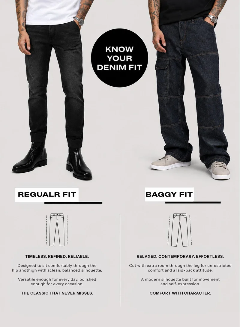 Campus Sutra Charcoal Black Men's Charcoal Black Baggy Cargo Denim Jeans For Casual Wear | Mid-Rise | Relaxed Fit | Button Closure | Denim Jeans Crafted With Comfort Fit For Everyday Wear for Men | Best Price UAE