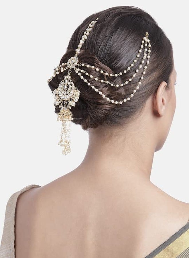 I Jewels Gold Plated Traditional Handcrafted White Kundan and Pearl Studded Paranda/Hair Braid Pin Choti For Bridal Perfect for Wedding (T2088W) - Image 2