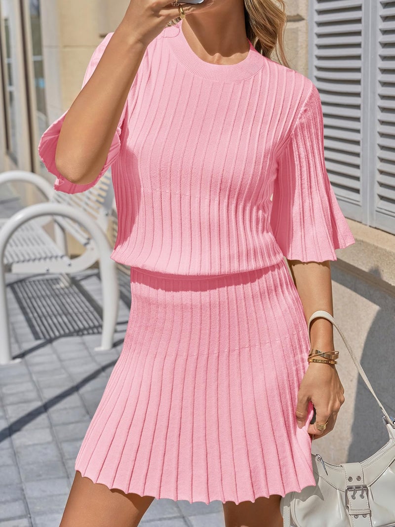 Saodimallsu Womens Sweater Sets 2 Piece Outfits Summer Half Sleeve Ribbed Knit Top and Pleated Skirt Set Lounge Set - Image 3