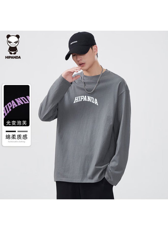 Hipanda o Panda Long-sleeve T-shirt For Men, Autumn Heavyweight Pure Cotton Simple Fashion Trendy Color-changing Base Shirt, Carbon Gray L - Image 1