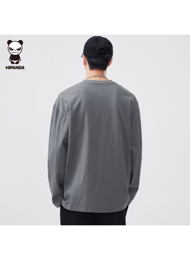 Hipanda o Panda Long-sleeve T-shirt For Men, Autumn Heavyweight Pure Cotton Simple Fashion Trendy Color-changing Base Shirt, Carbon Gray L - Image 4