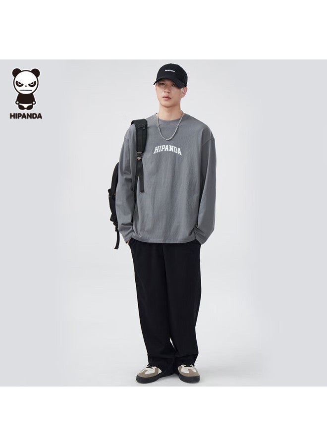 Hipanda o Panda Long-sleeve T-shirt For Men, Autumn Heavyweight Pure Cotton Simple Fashion Trendy Color-changing Base Shirt, Carbon Gray L - Image 3