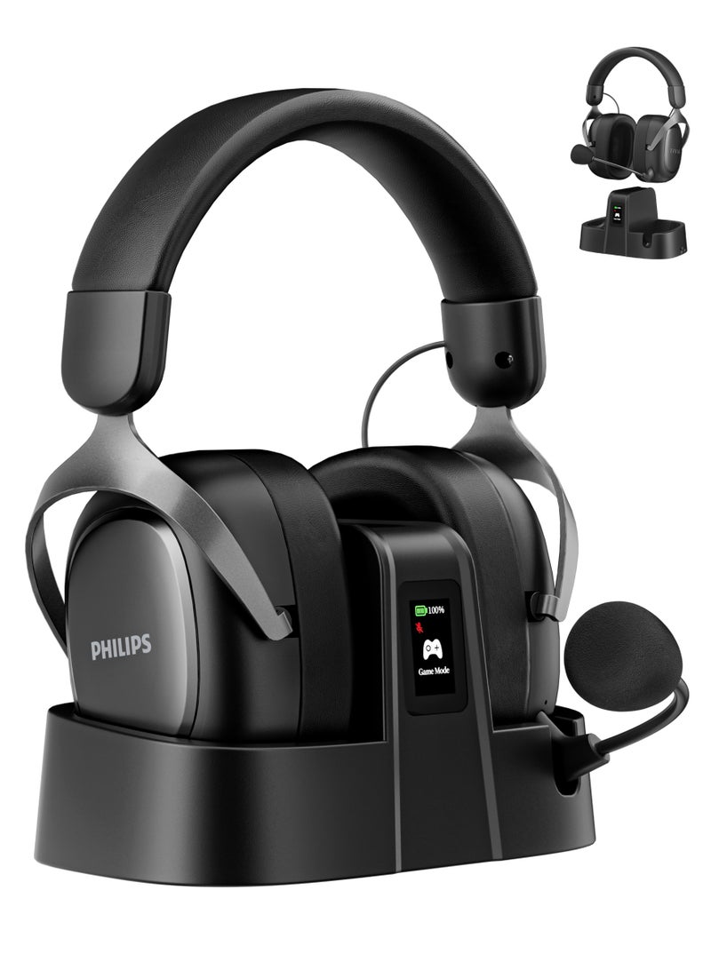 فيليبس سماعة ألعاب لاسلكية PHILIPS TAG5، بزمن استجابة أقل من 15 مللي ثانية عبر 2.4GHz، صوت محيطي 7.1 + وحدات تشغيل 53 مم، متوافقة مع PS5/PS4/PC/الهاتف المحمول، قاعدة شحن LCD ذكية مع مستقبل لاسلكي، بطارية 90 ساعة، Bluetooth 5.4/سلكي، ميكروفون ENC - Image 1