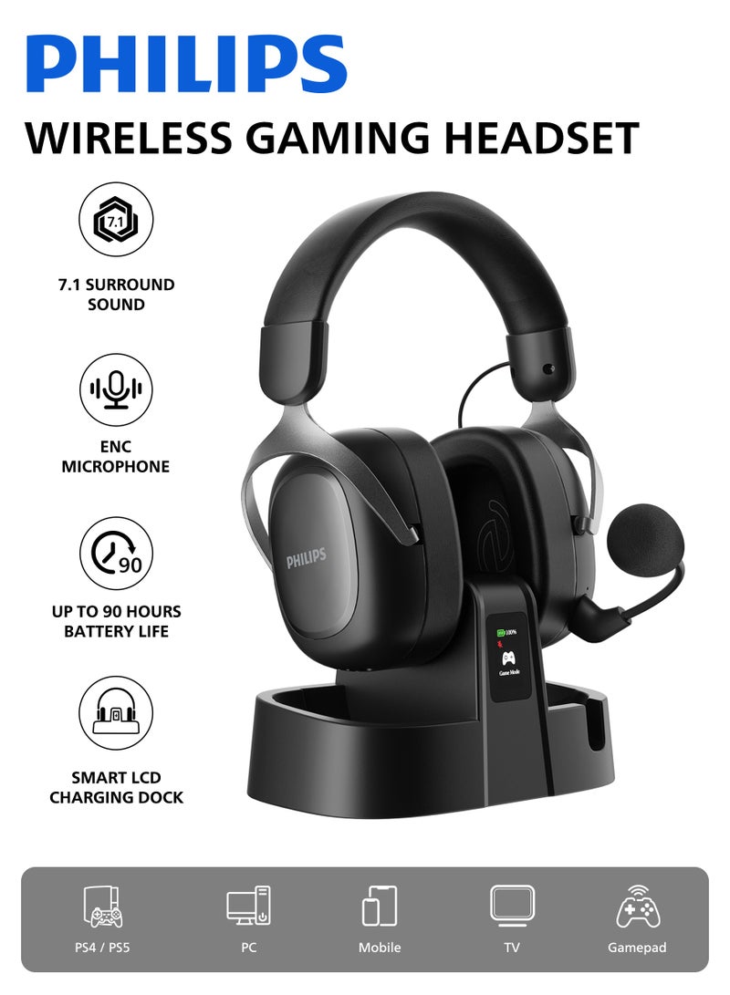 PHILIPS TAG5 Wireless Gaming Headset, 7.1 Surround Sound, for PS5/PS4/PC/Mobile, Smart LCD Dock with Wireless Receiver, Under 15ms 2.4GHz Low Latency, 53mm Drivers, Detachable ENC Microphone, 90H Battery Life, 2.4GHz/Bluetooth 5.4/Wired - Image 1
