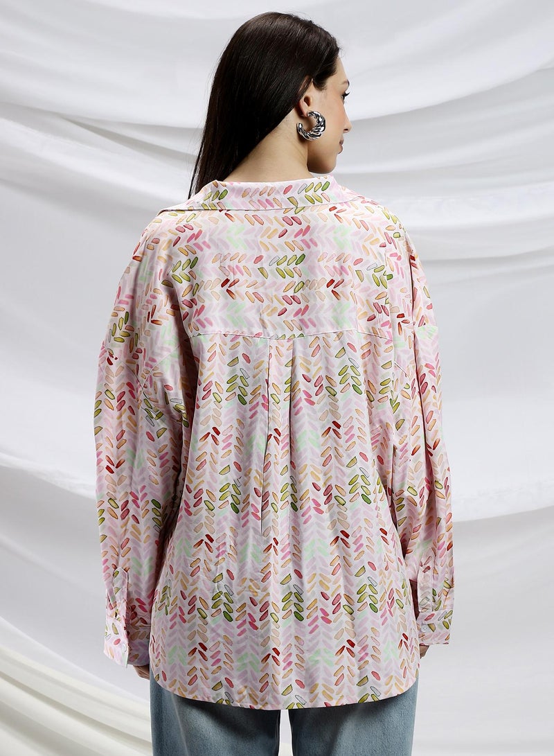 Campus Sutra Campus Sutra Women's Baby Pink & Cream White Leaf-Abstract Print Shirt For Casual Wear | Spread Collar | Long Cuffed Sleeves | Button Closure | Shirt Crafted With Comfort Fit For Everyday Wear  - Image 5