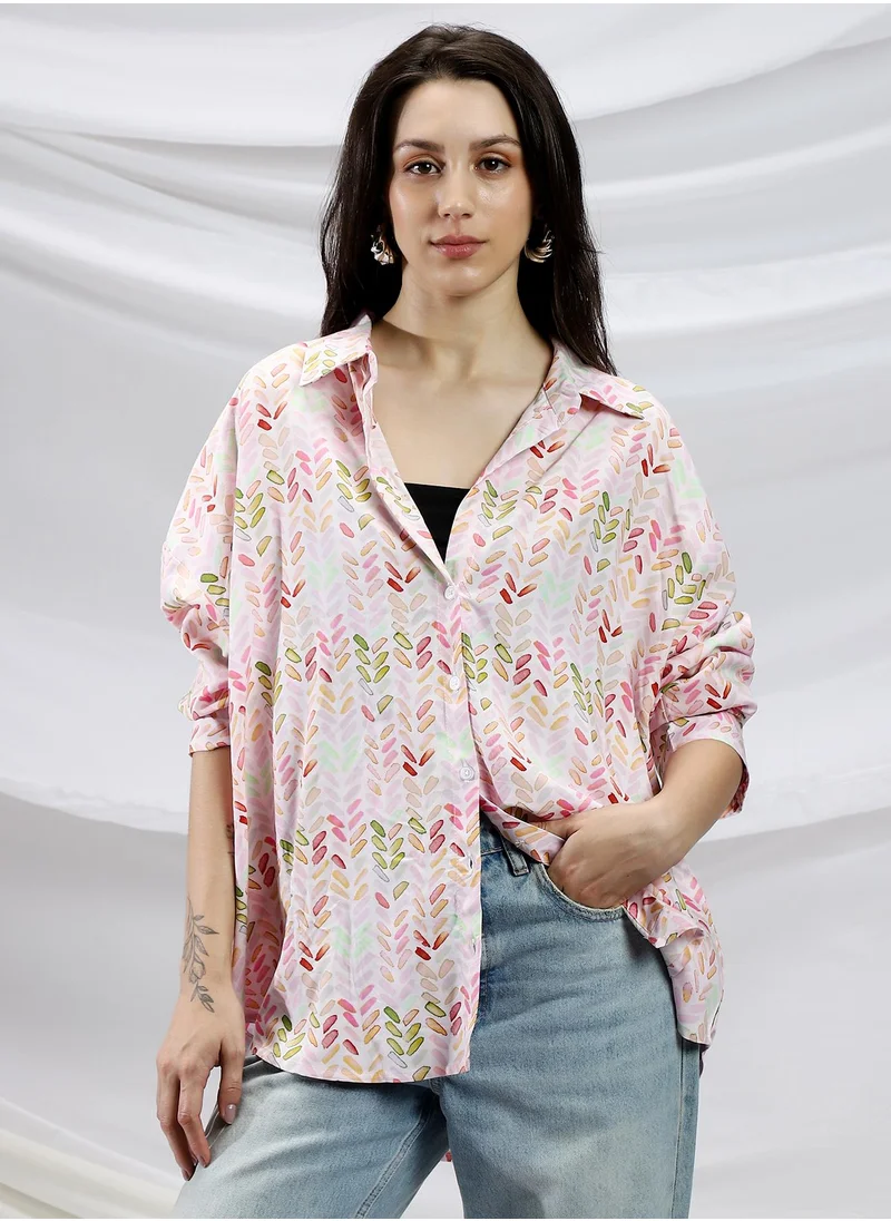 Campus Sutra Campus Sutra Women's Baby Pink & Cream White Leaf-Abstract Print Shirt For Casual Wear | Spread Collar | Long Cuffed Sleeves | Button Closure | Shirt Crafted With Comfort Fit For Everyday Wear