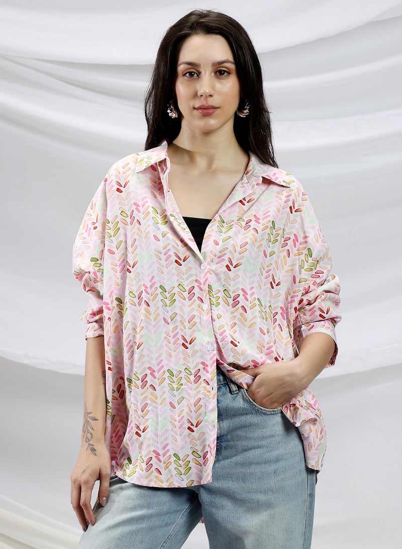 Campus Sutra Campus Sutra Women's Baby Pink & Cream White Leaf-Abstract Print Shirt For Casual Wear | Spread Collar | Long Cuffed Sleeves | Button Closure | Shirt Crafted With Comfort Fit For Everyday Wear  - Image 2