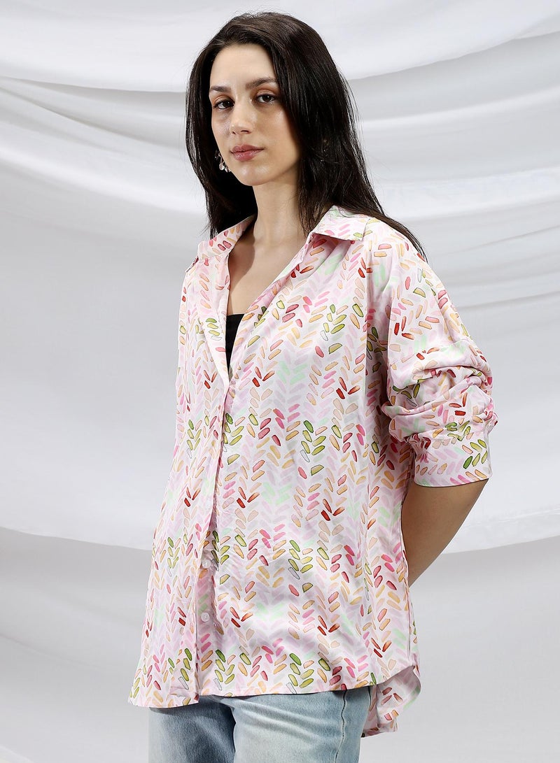 Campus Sutra Campus Sutra Women's Baby Pink & Cream White Leaf-Abstract Print Shirt For Casual Wear | Spread Collar | Long Cuffed Sleeves | Button Closure | Shirt Crafted With Comfort Fit For Everyday Wear  - Image 3