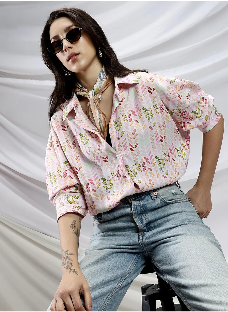 Campus Sutra Campus Sutra Women's Baby Pink & Cream White Leaf-Abstract Print Shirt For Casual Wear | Spread Collar | Long Cuffed Sleeves | Button Closure | Shirt Crafted With Comfort Fit For Everyday Wear
