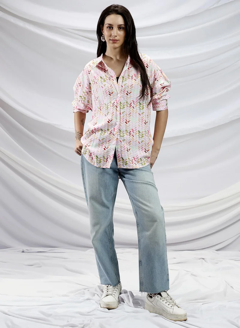 Campus Sutra Campus Sutra Women's Baby Pink & Cream White Leaf-Abstract Print Shirt For Casual Wear | Spread Collar | Long Cuffed Sleeves | Button Closure | Shirt Crafted With Comfort Fit For Everyday Wear