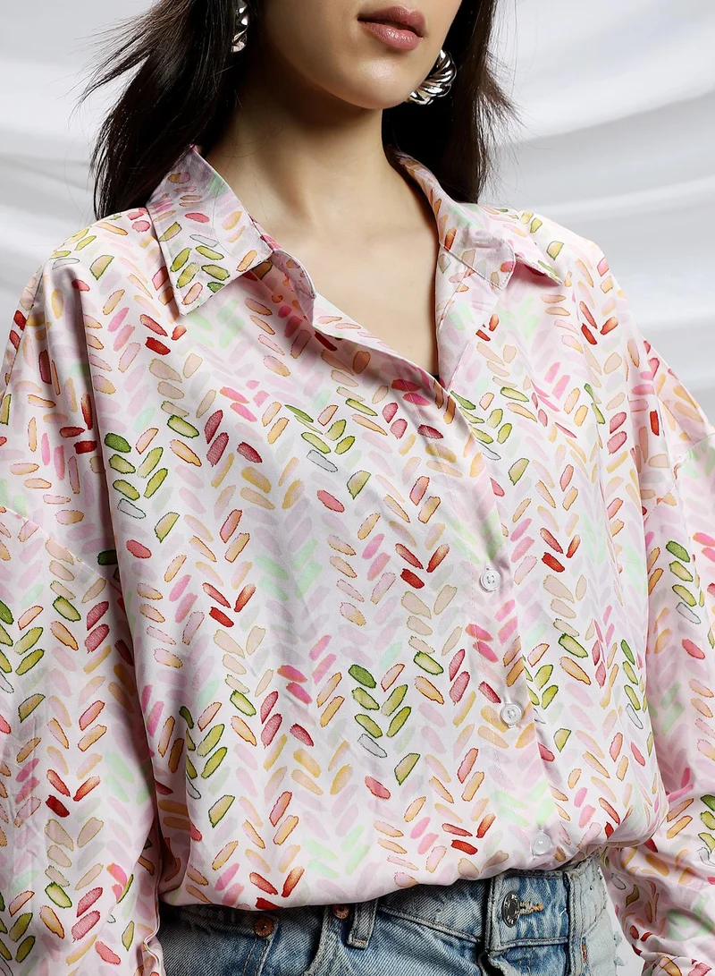 Campus Sutra Campus Sutra Women's Baby Pink & Cream White Leaf-Abstract Print Shirt For Casual Wear | Spread Collar | Long Cuffed Sleeves | Button Closure | Shirt Crafted With Comfort Fit For Everyday Wear