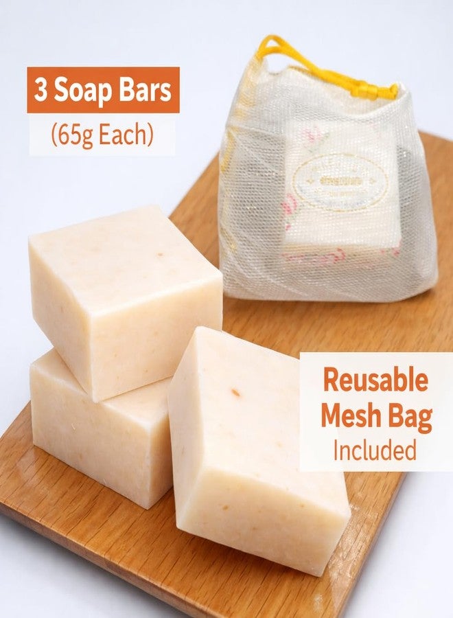 YARIN 3 Pcs Rice Milk Soaps Collagen 65 G.+Reusable Mesh Bag-Exfoliate, Hydrate, and Conserve - Image 3